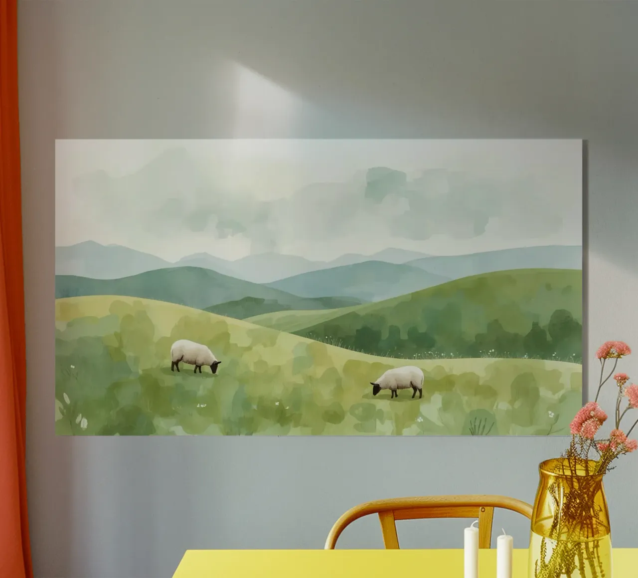 Due pecore al pascolo in un paesaggio collinare plexiglass da DesignDoodle