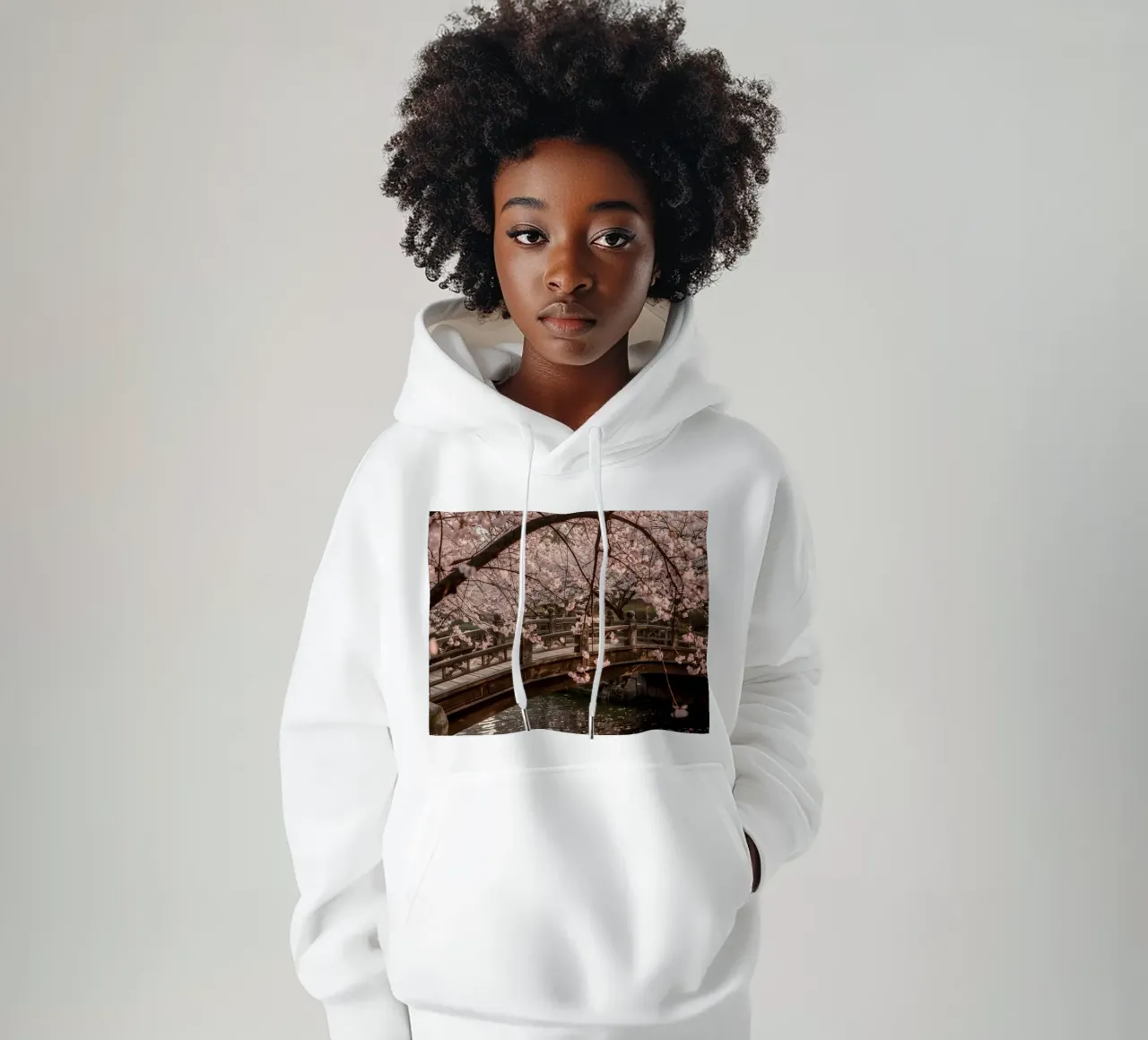 Ponte ad arco in legno con fiori di ciliegio in fiore felpa con cappuccio da DesignDoodle