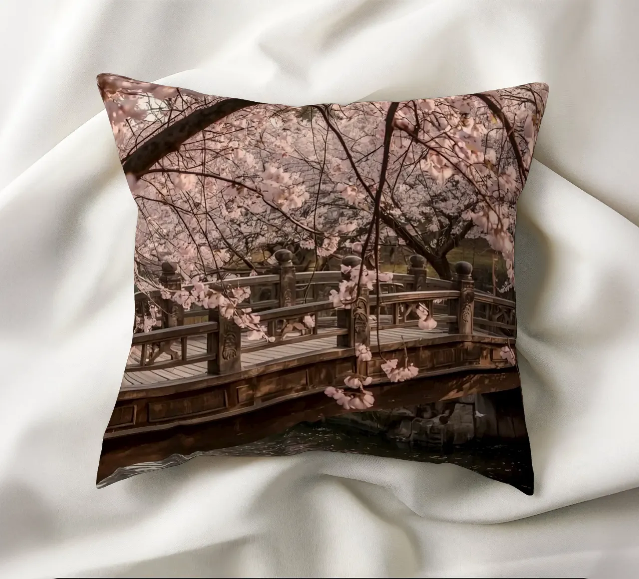 Ponte ad arco in legno con fiori di ciliegio in fiore cuscino da DesignDoodle