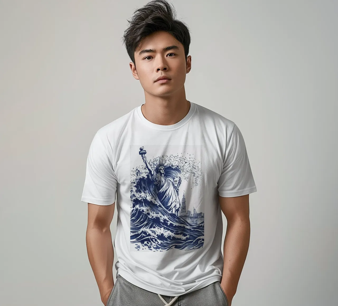 big wave and the statue of liberty t-shirt da edsonramosart
