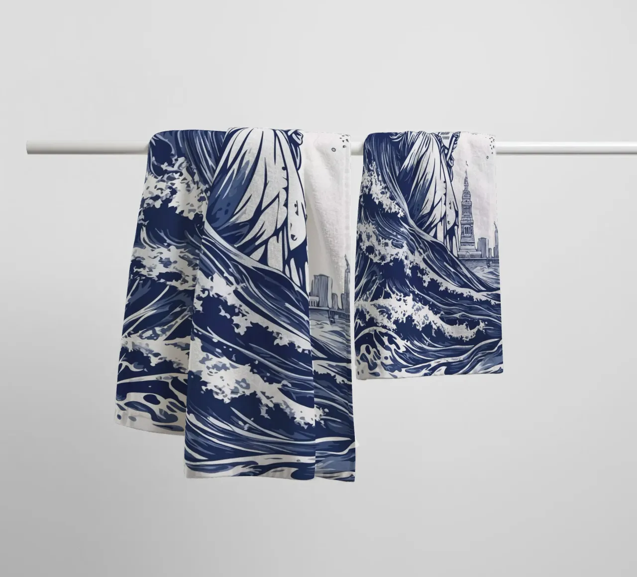 big wave and the statue of liberty asciugamano da bagno da edsonramosart
