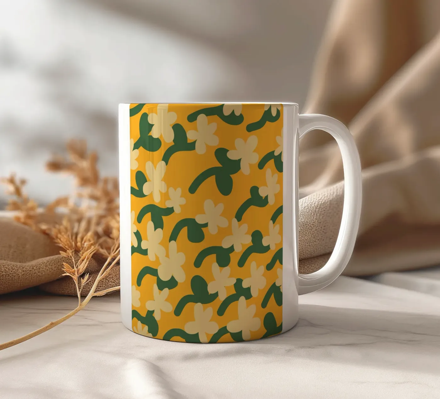 Yellow flower repeat pattern ceramic mug by Little Dean