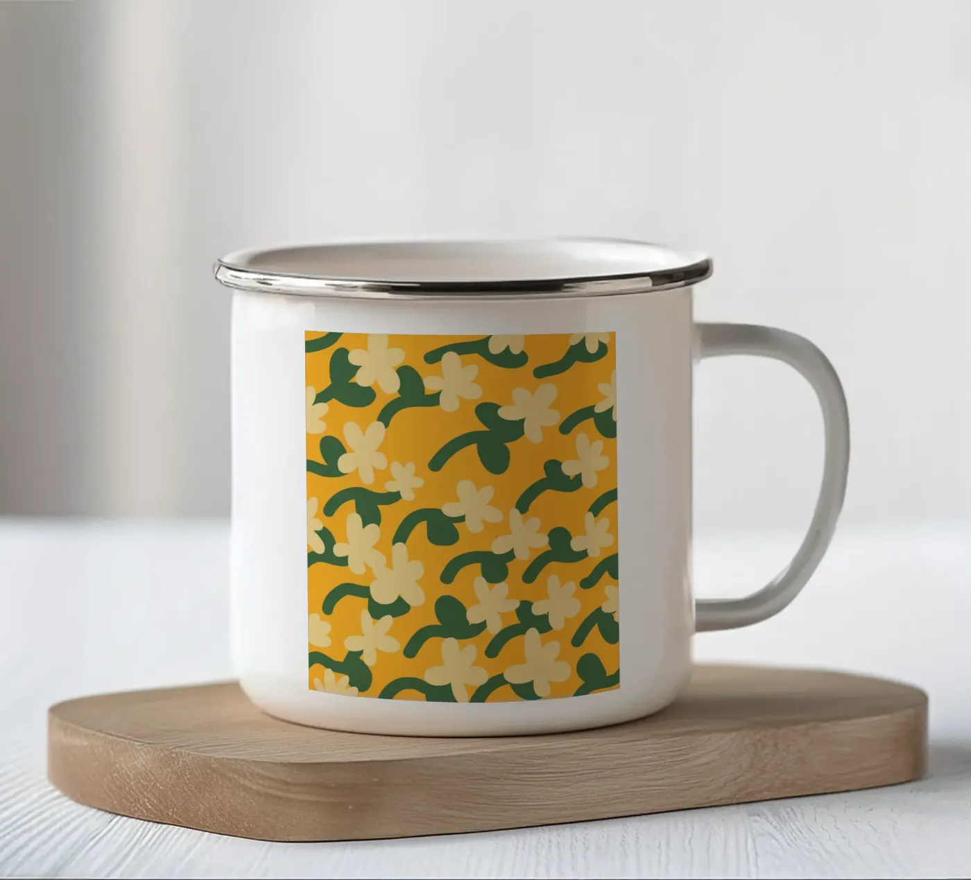 Yellow flower repeat pattern enamel mug by Little Dean