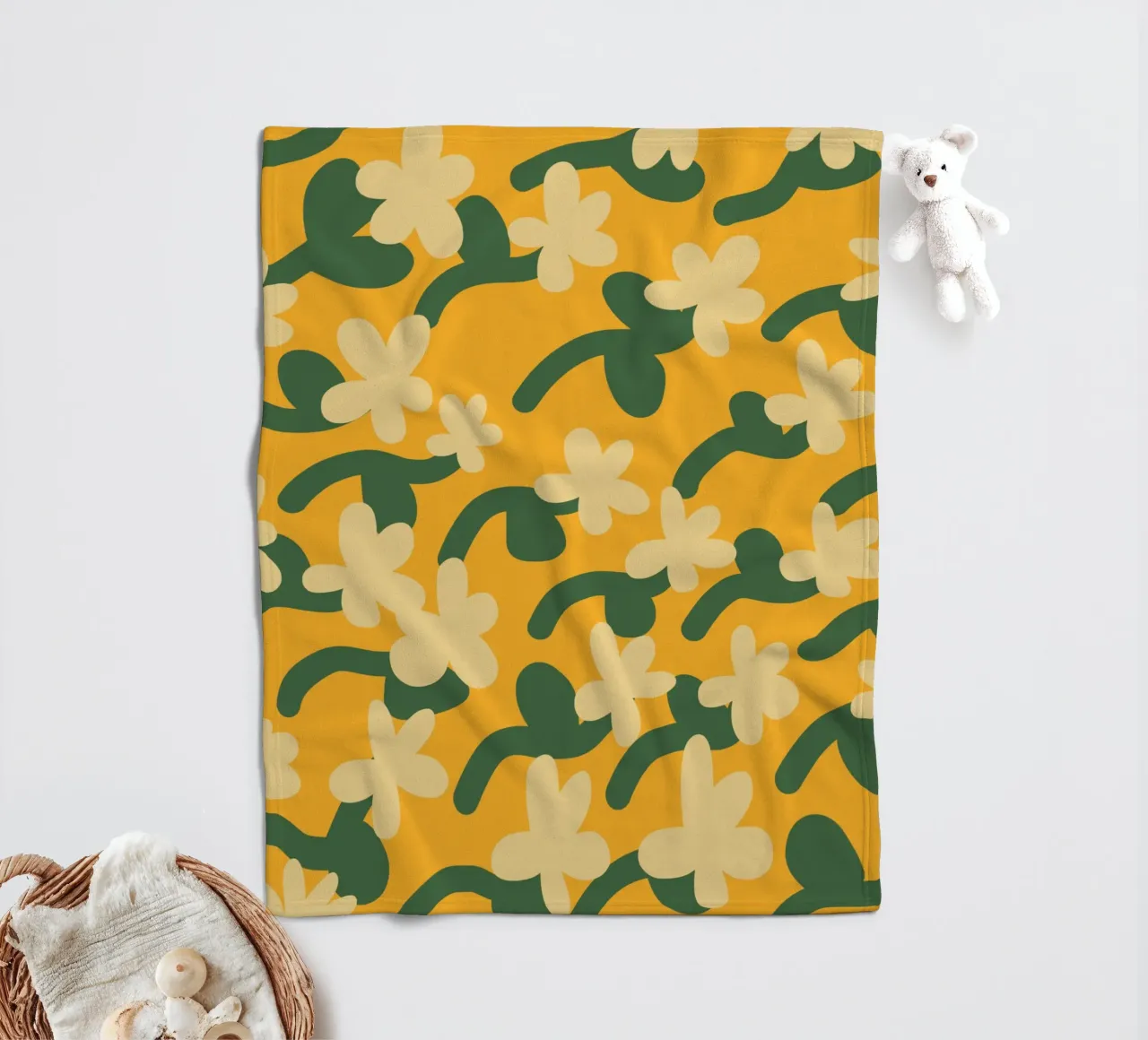 Yellow flower repeat pattern fleece blanket by Little Dean