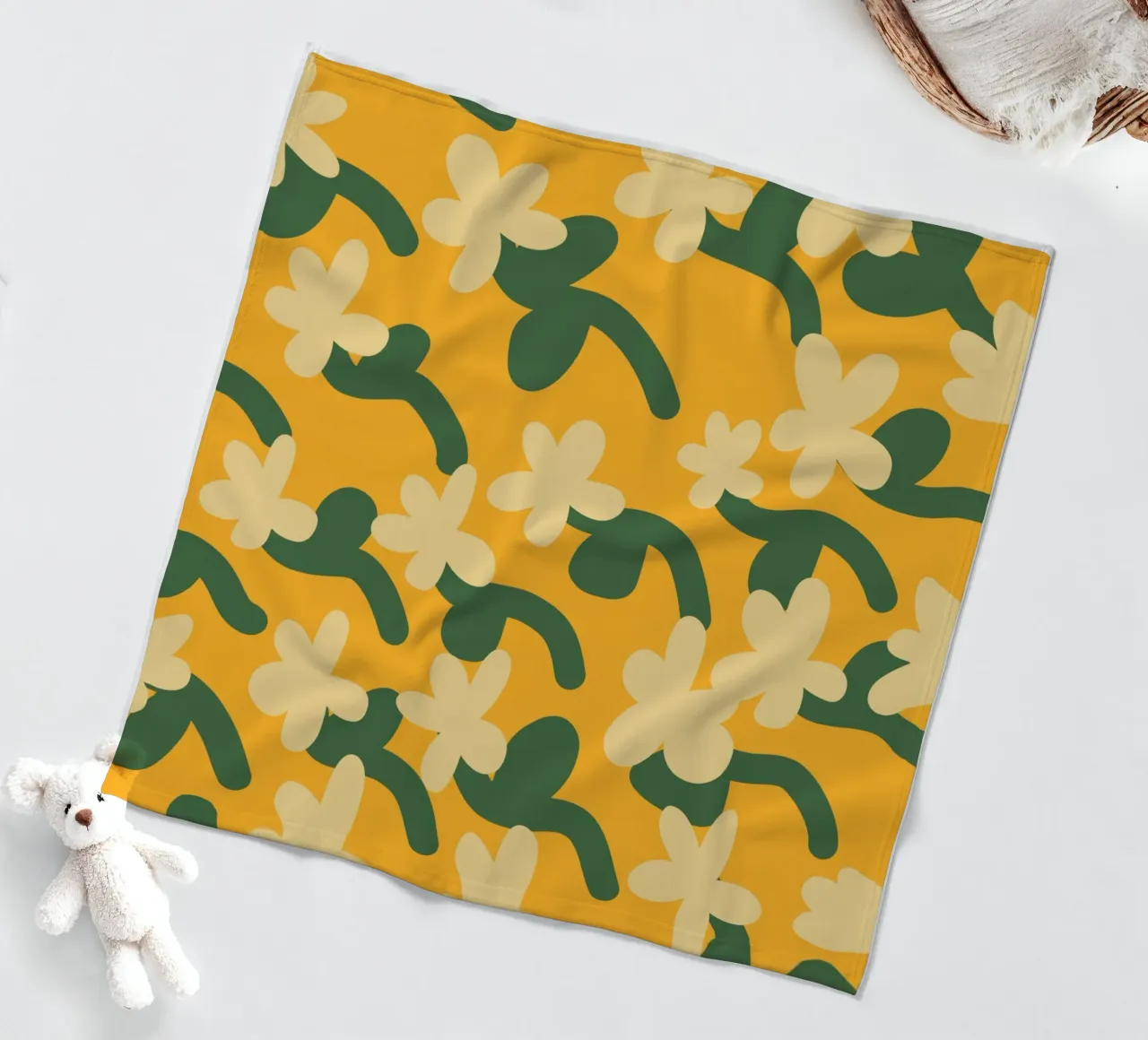 Yellow flower repeat pattern fleece blanket by Little Dean
