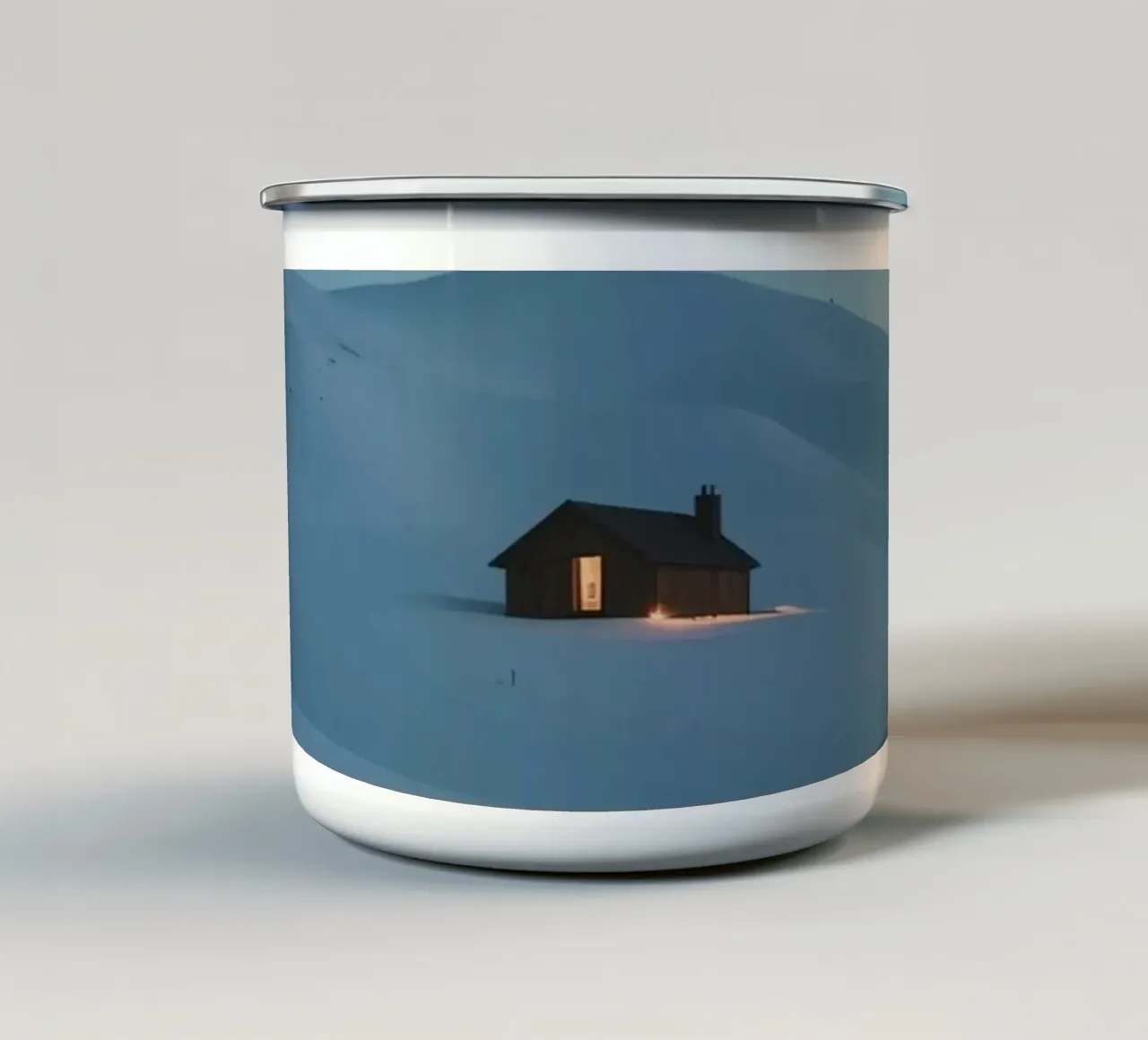 Cabina di legno in un paesaggio coperto di neve tazza in smalto da DesignDoodle