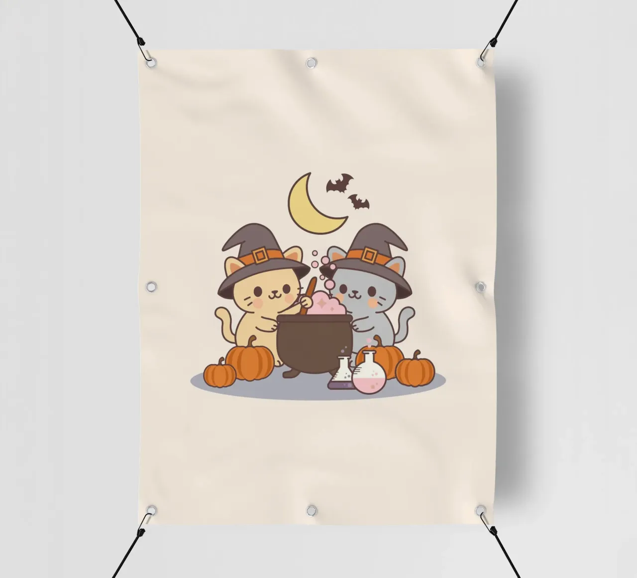 Gatti simpatici di Halloween che preparano una pozione con le zucche telo in pvc da cafelab