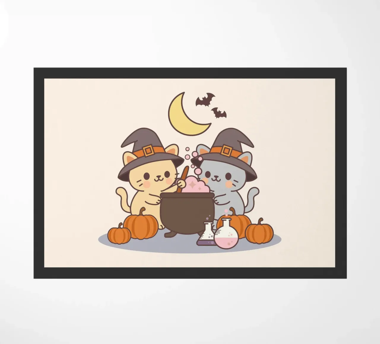 Gatti simpatici di Halloween che preparano una pozione con le zucche zerbino da cafelab
