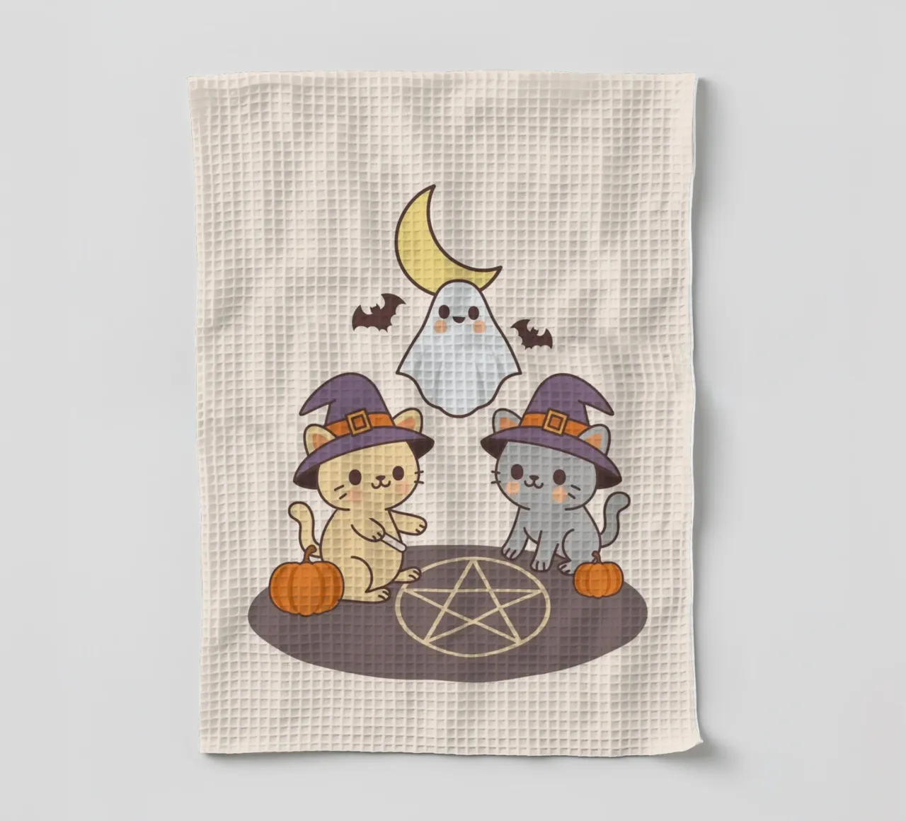 Chats mignons d'Halloween invoquant un fantôme à l'aide d'un pentagramme torchon de cafelab