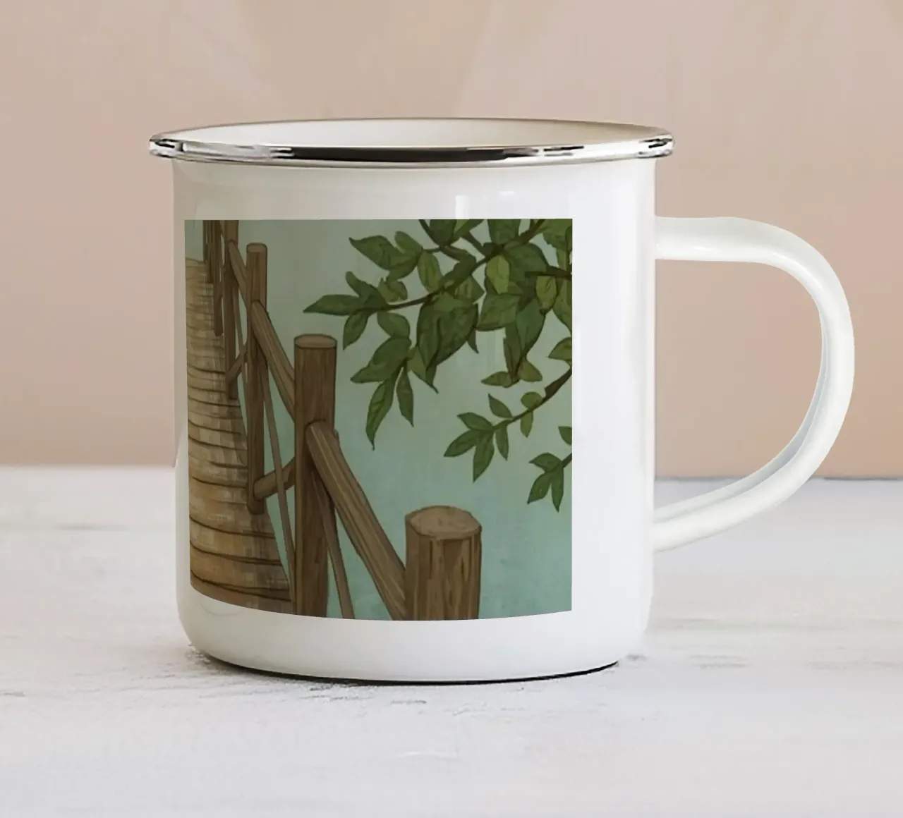 Molo di legno attraverso un paesaggio nebbioso tazza in smalto da DesignDoodle