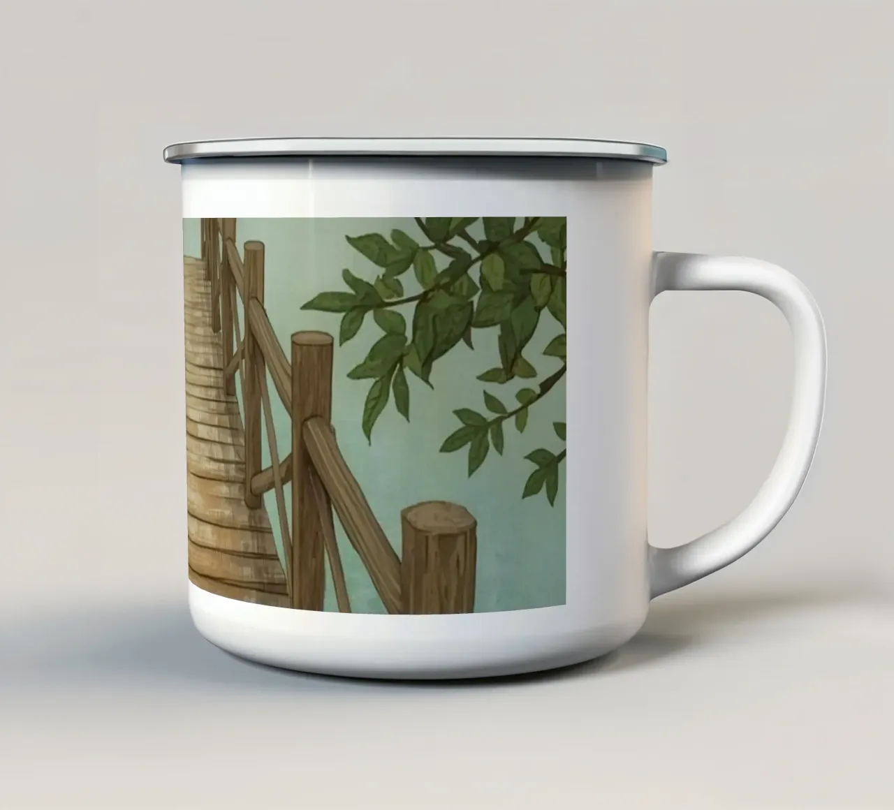 Molo di legno attraverso un paesaggio nebbioso tazza in smalto da DesignDoodle