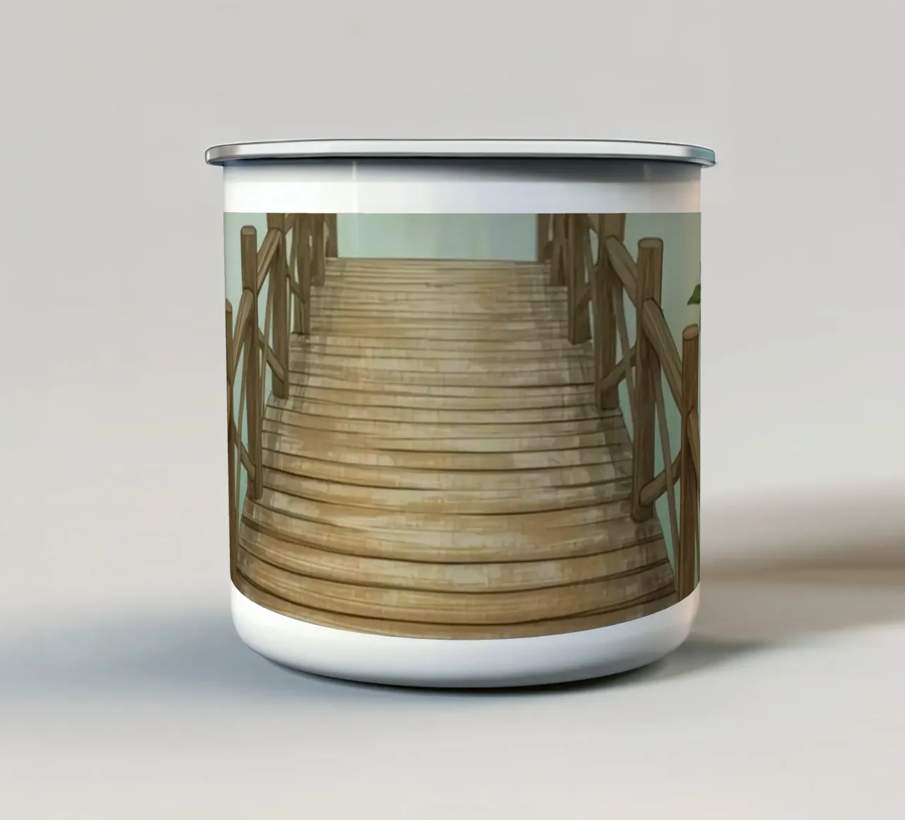 Molo di legno attraverso un paesaggio nebbioso tazza in smalto da DesignDoodle