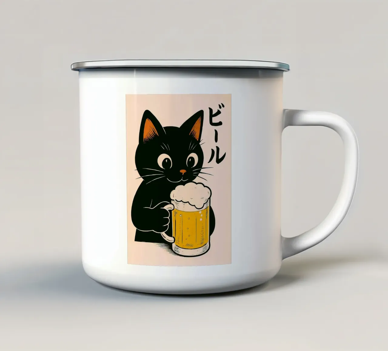 Gatto con birra Arte in stile giapponese tazza in smalto da Alexander Wilson
