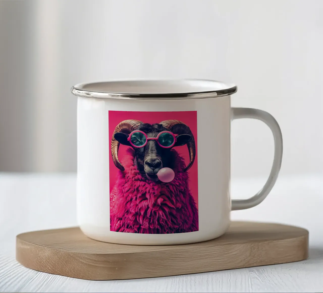 Montone pop art rosa con occhiali da sole tazza in smalto da Autofocus