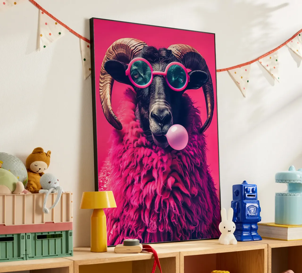 Montone pop art rosa con occhiali da sole alluminio dibond da Autofocus