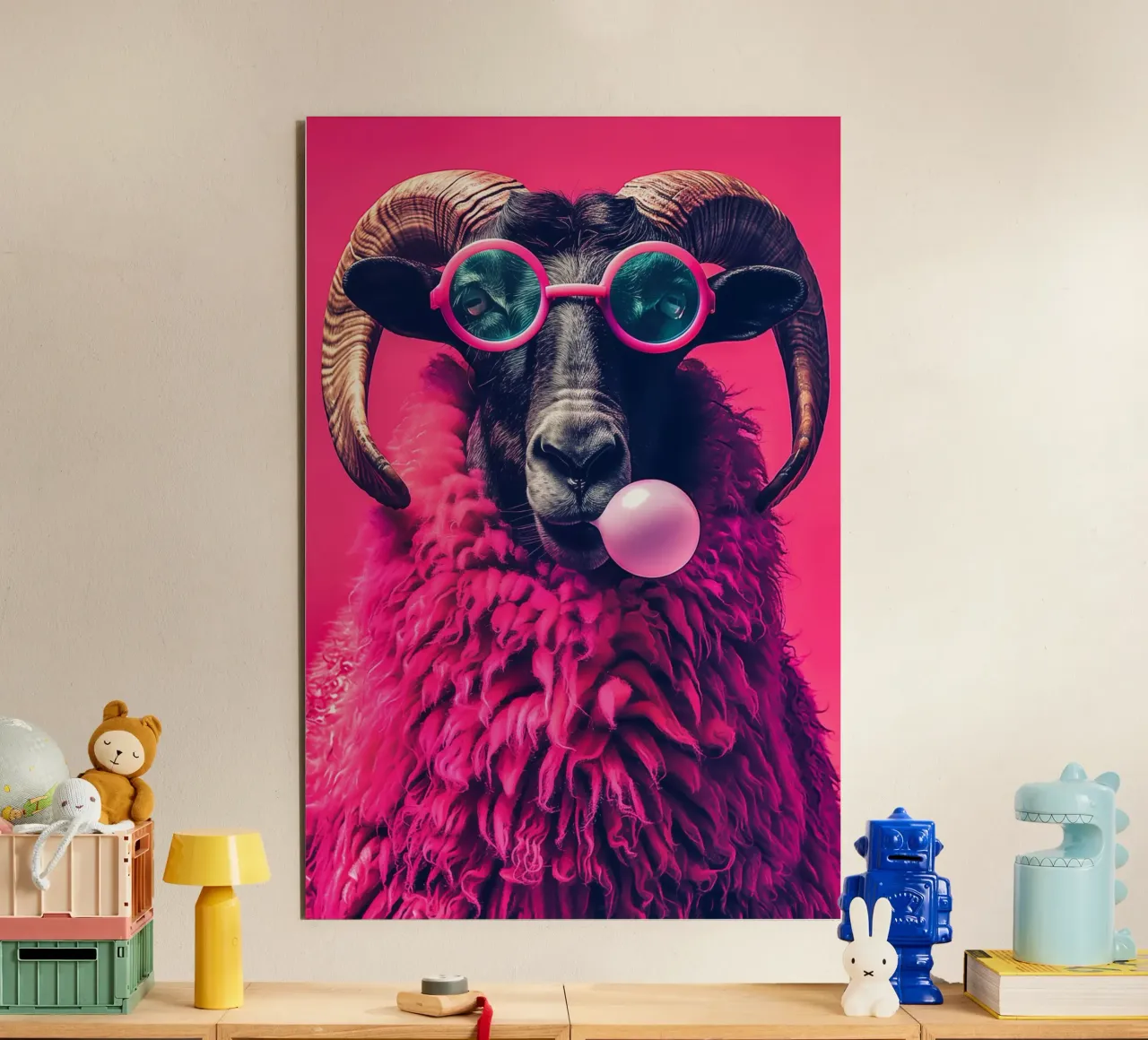 Montone pop art rosa con occhiali da sole alluminio dibond da Autofocus