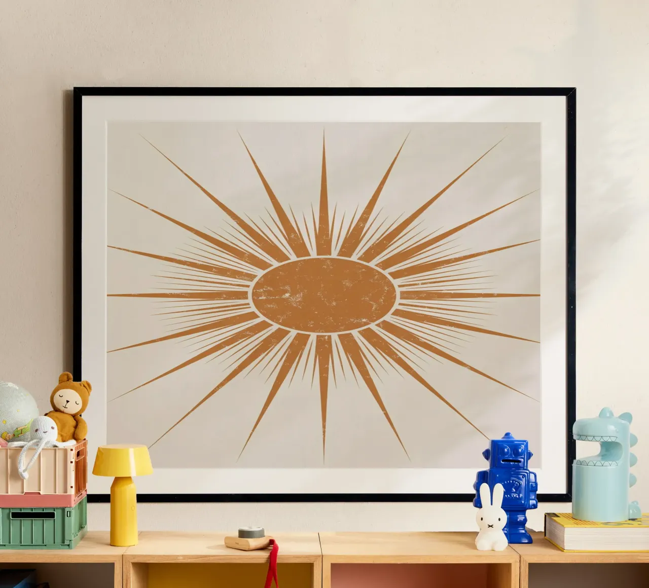 Illustrazione vintage di un raggio di sole | Design retrò di un sole bohémien carta hahnemühle da logic