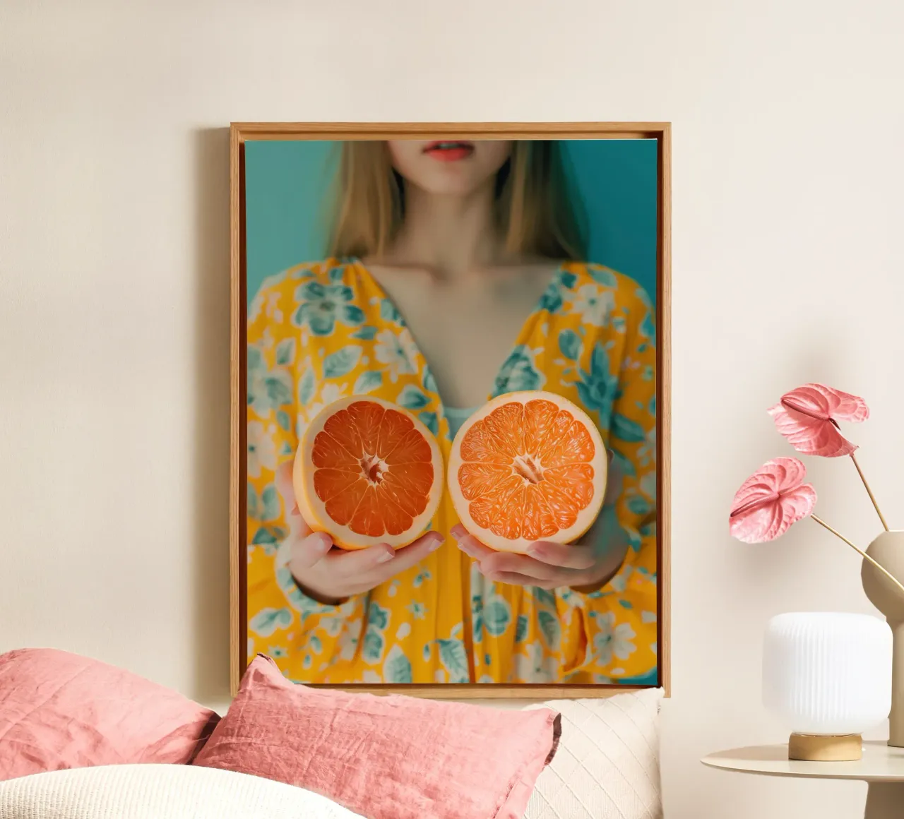 Woman with grapefruit for the kitchen canvas with Floater frame by Autofocus