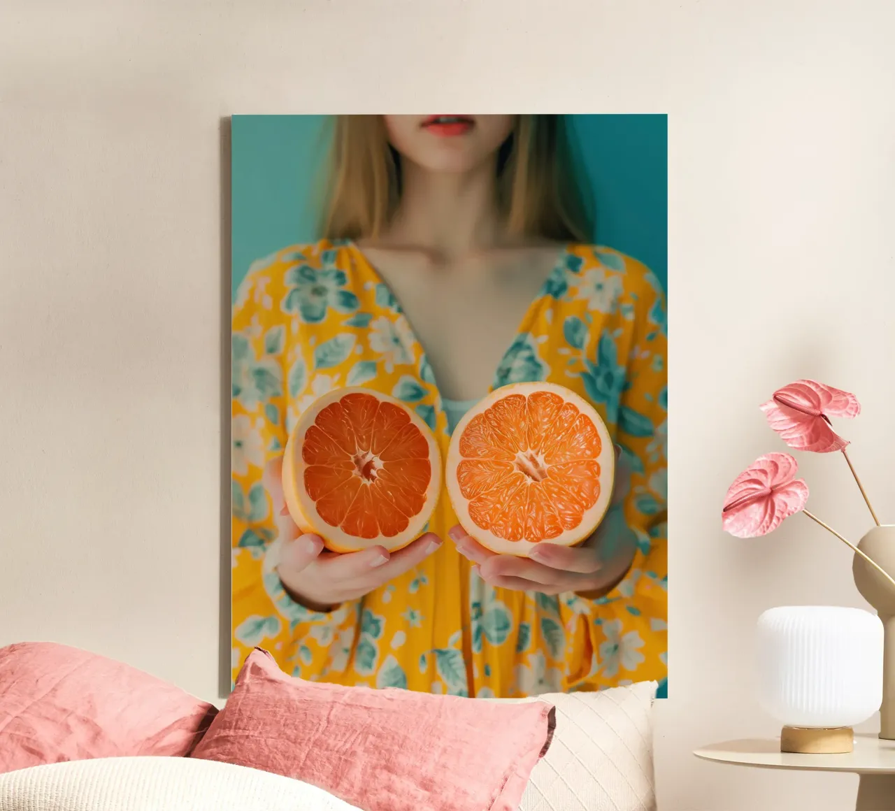 Woman with grapefruit for the kitchen canvas with Floater frame by Autofocus