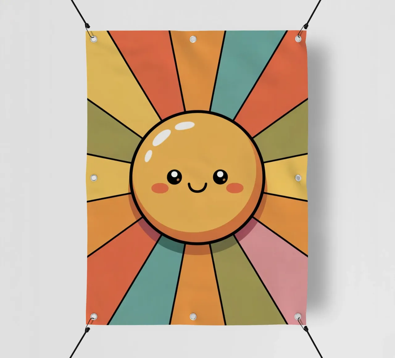 Illustrazione del sole sorridente con raggi retrò colorati telo in pvc da logic