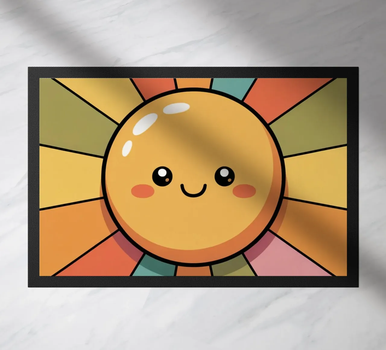 Illustrazione del sole sorridente con raggi retrò colorati zerbino da logic