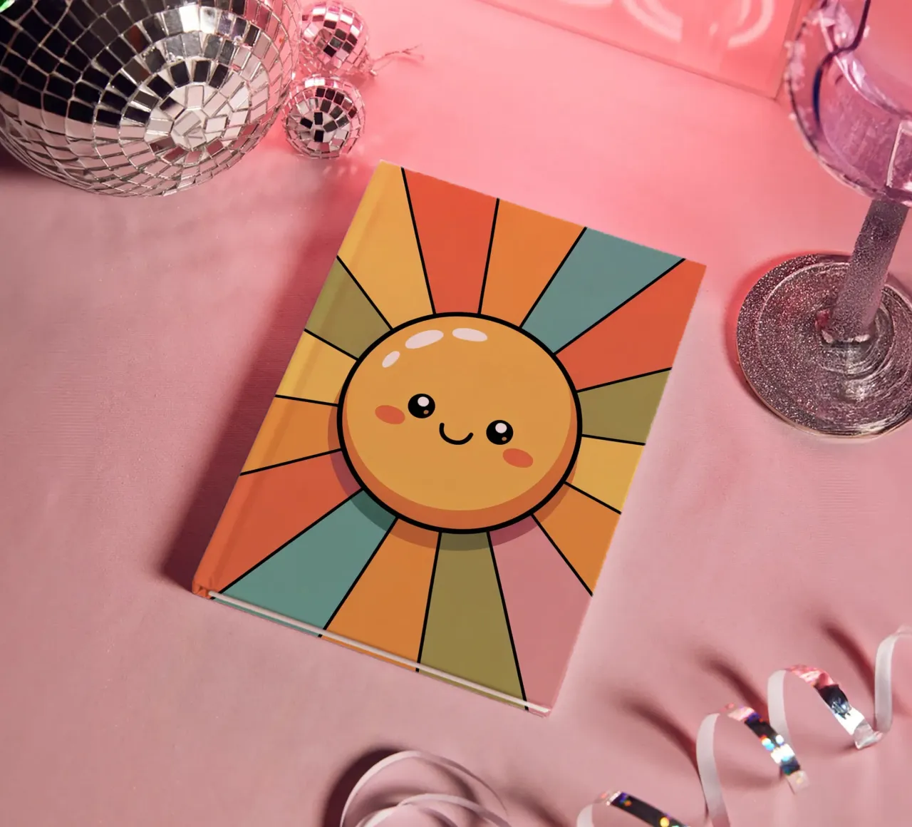 Cute Smiling Sun Illustration with Colorful Retro Rays notebook by logic