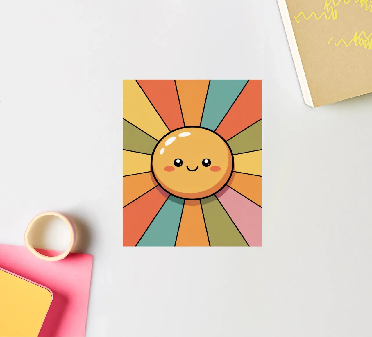Simpática ilustración de un sol sonriente con coloridos rayos retro pegatina de logic
