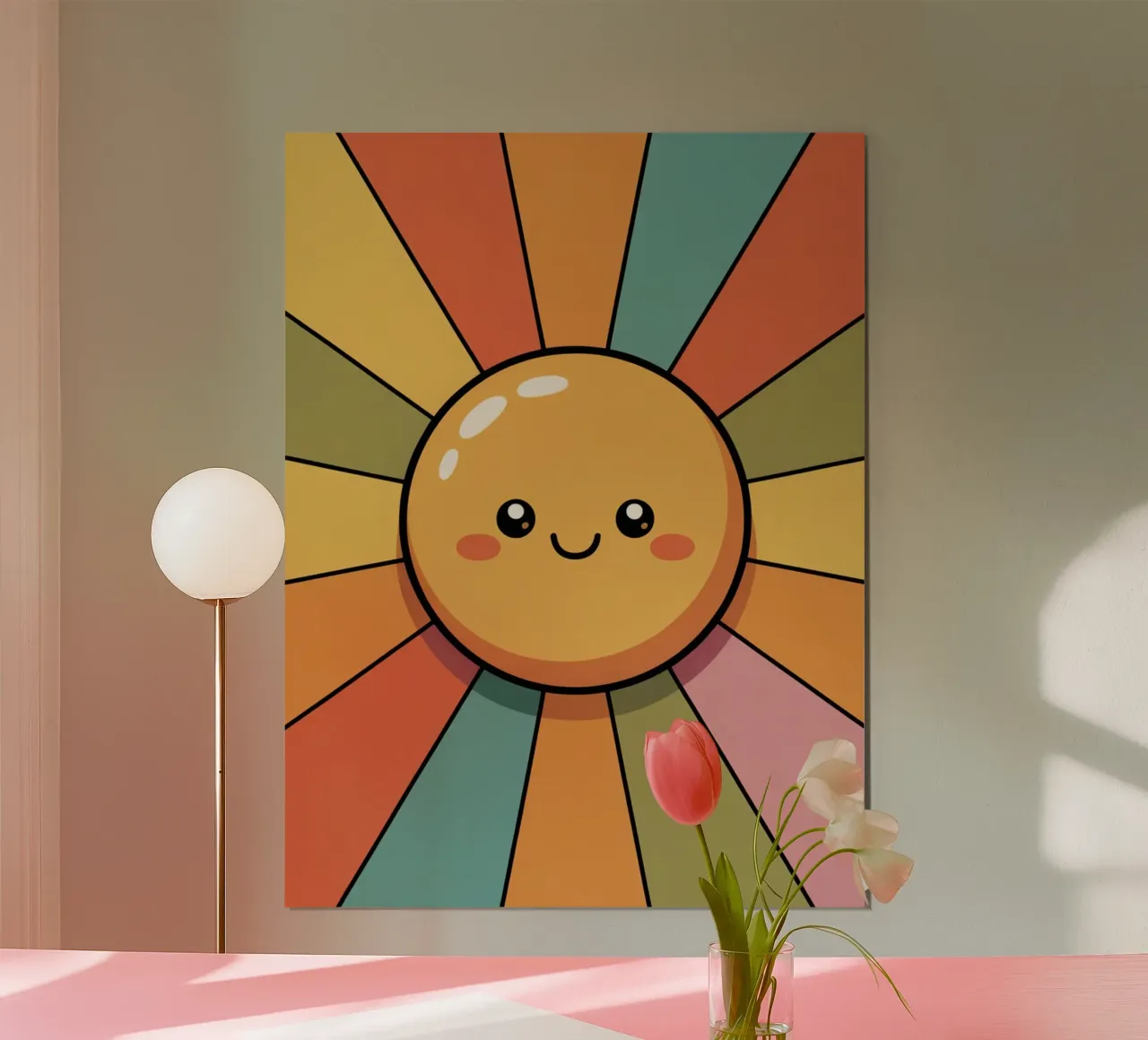 Simpática ilustración de un sol sonriente con coloridos rayos retro hahnemühle de logic