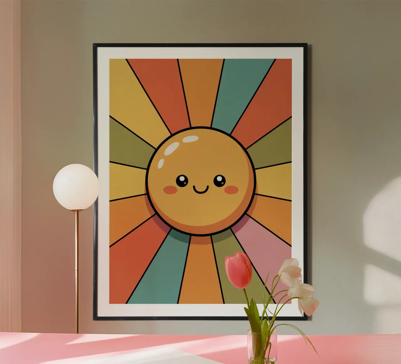 Simpática ilustración de un sol sonriente con coloridos rayos retro hahnemühle de logic