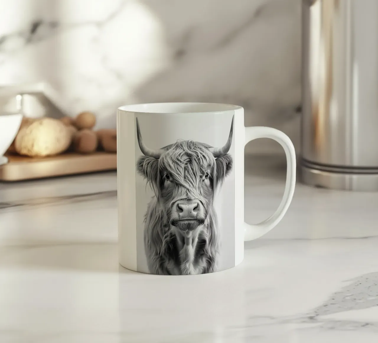 Schwarz-Weiß Portrait Hochlandrind Keramik Tasse von Autofocus