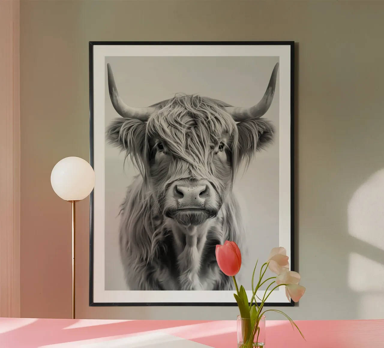 Portrait noir et blanc d'un bovin Highland poster avec cadre en plastique de Autofocus