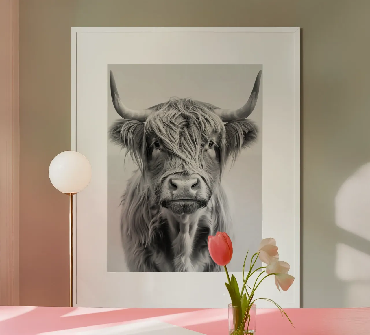 Portrait noir et blanc d'un bovin Highland poster avec cadre en plastique de Autofocus