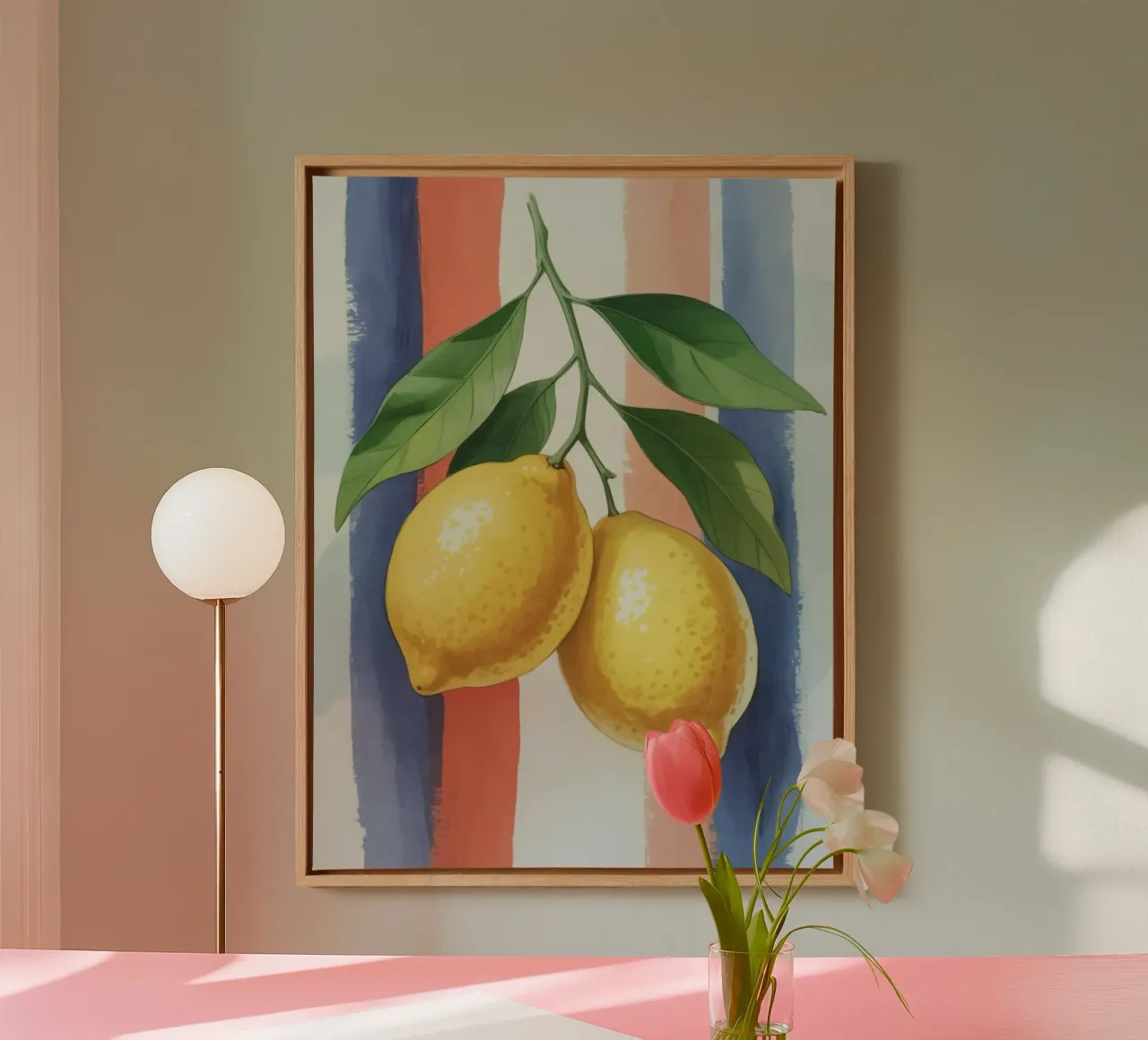 Hand-Painted Lemon Artwork with Soft Red and Blue Striped Ba canvas by logic