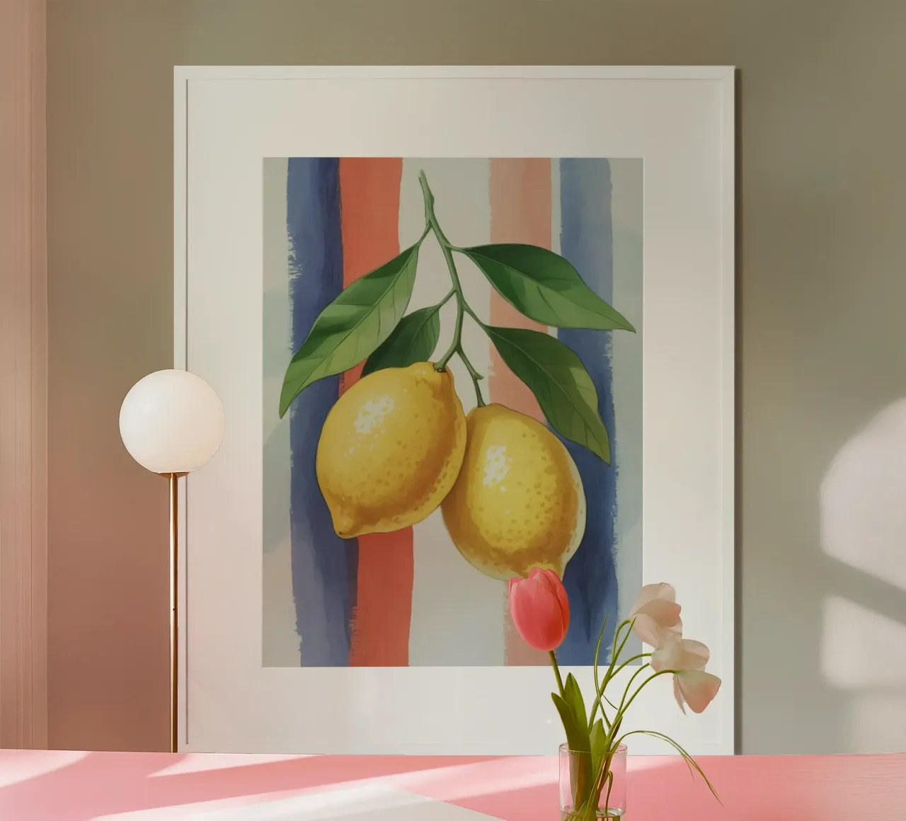 Handgemaltes Zitronen-Kunstwerk mit weichem, rot und blau gestreiftem Ba Hahnemühle von logic