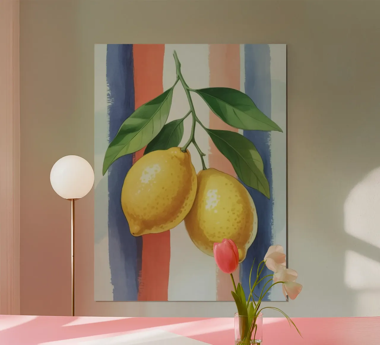Handgemaltes Zitronen-Kunstwerk mit weichem, rot und blau gestreiftem Ba Hahnemühle von logic
