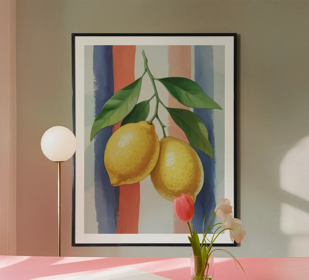 Handgemaltes Zitronen-Kunstwerk mit weichem, rot und blau gestreiftem Ba Hahnemühle von logic