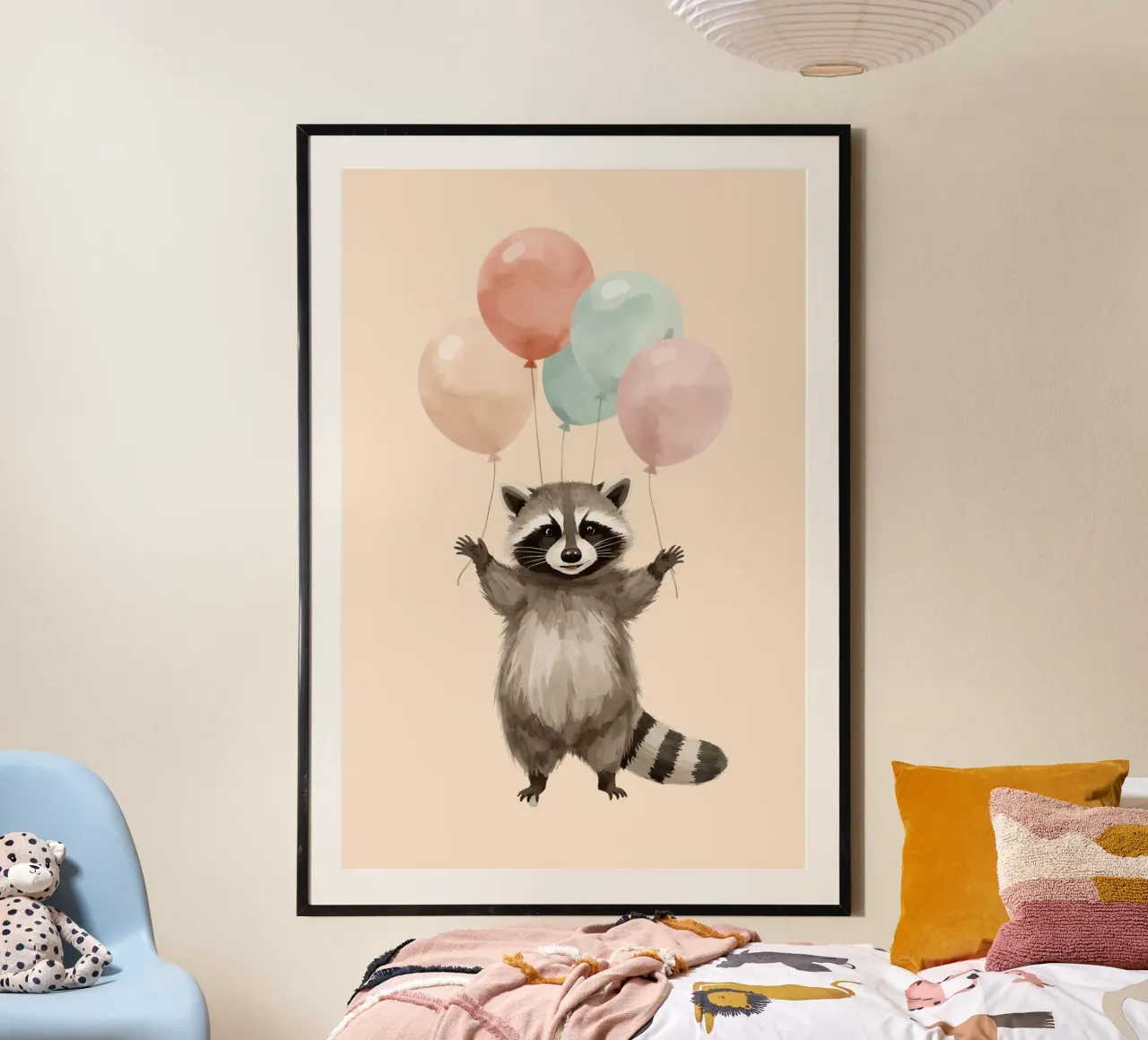 Cute Raccoon Holding Balloons poster by DesignDoodle