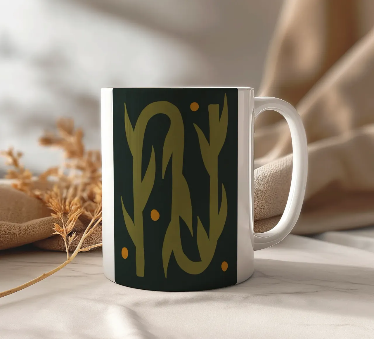 Feuille d'automne abstraite boho art vert noir jaune mug en céramique de This Wild Soul - Illustration