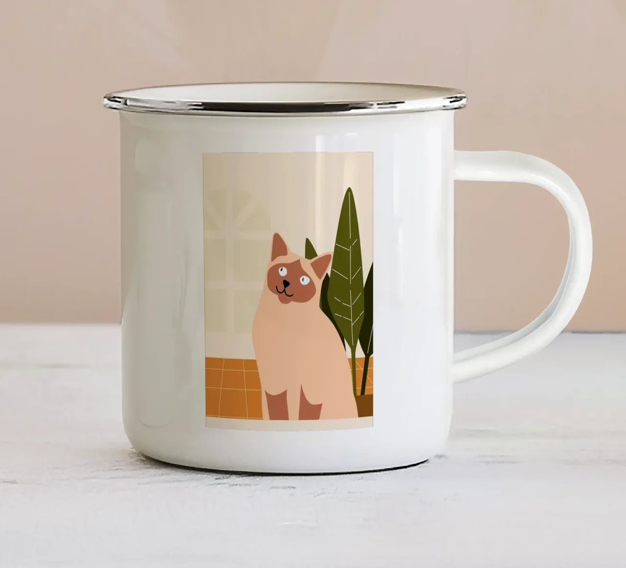 Illustrazione di un gatto siamese carino con piante tazza in smalto da Liam Johnson