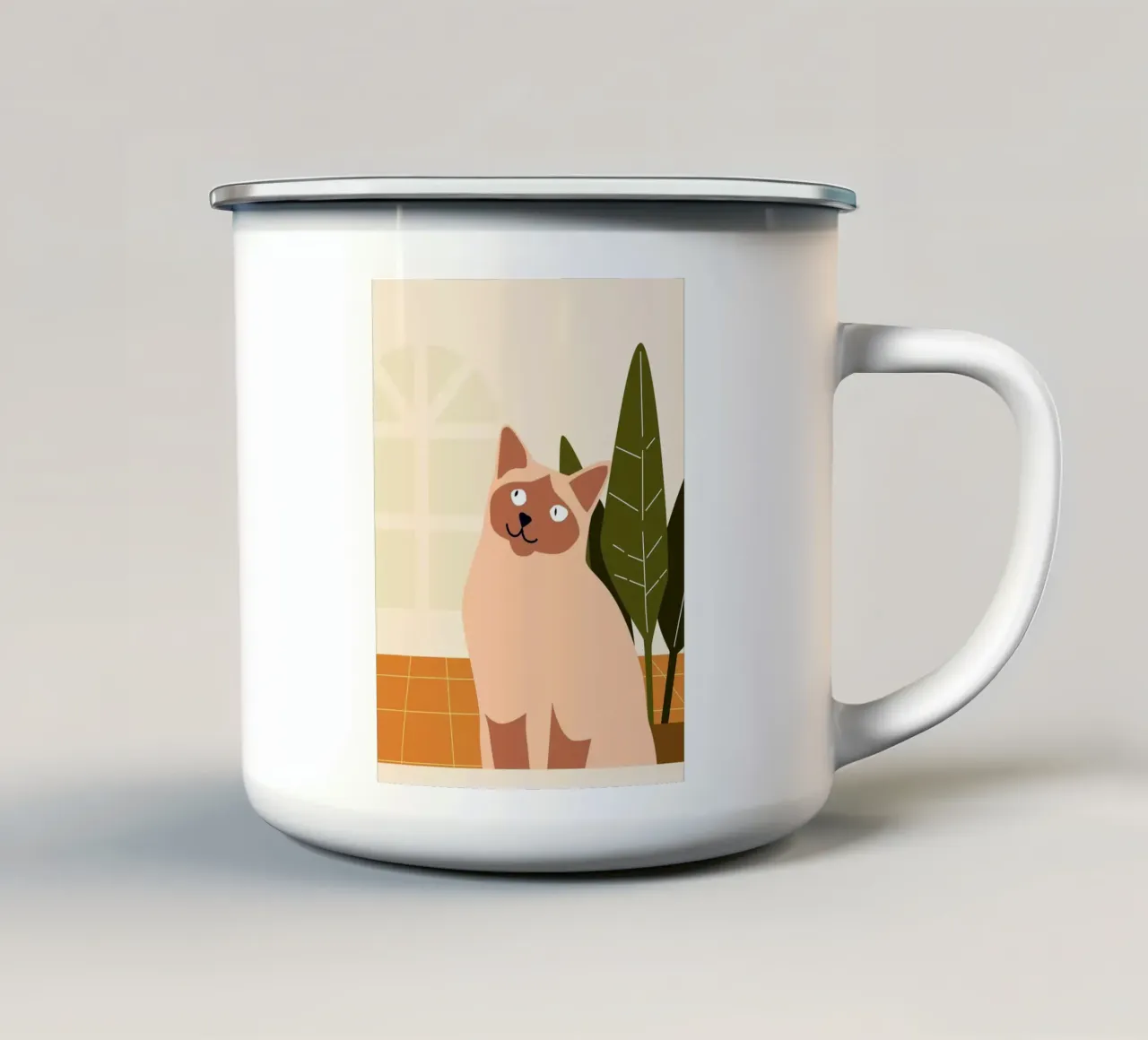 Illustrazione di un gatto siamese carino con piante tazza in smalto da Liam Johnson