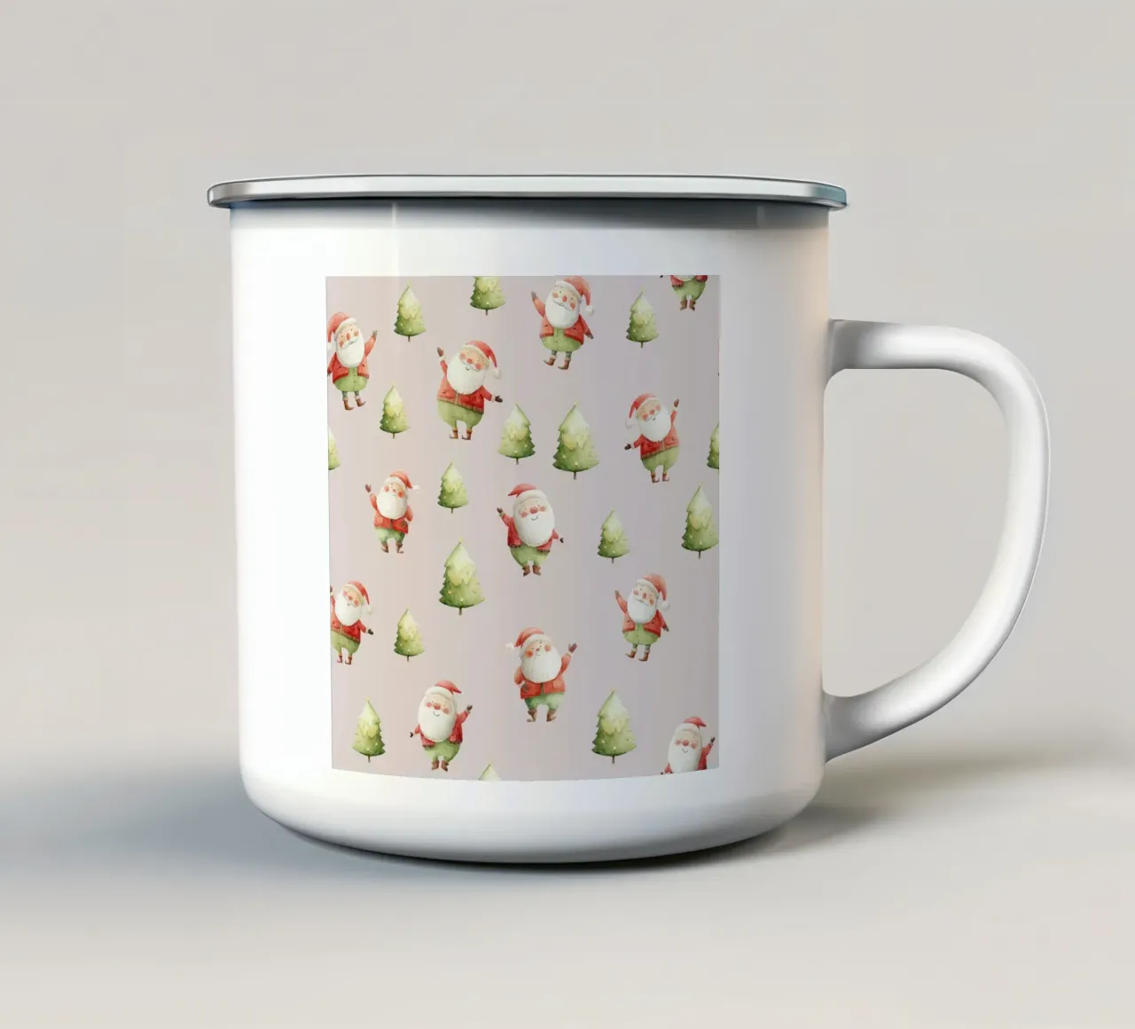 Babbo Natale acquerellato con alberi di Natale in cappotto rosso tazza in smalto da Stilrausch