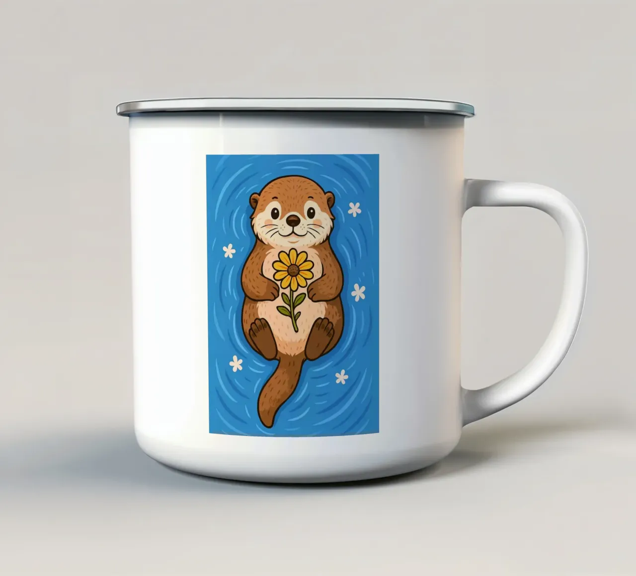Lontra galleggiante con fiore tazza in smalto da Liam Johnson