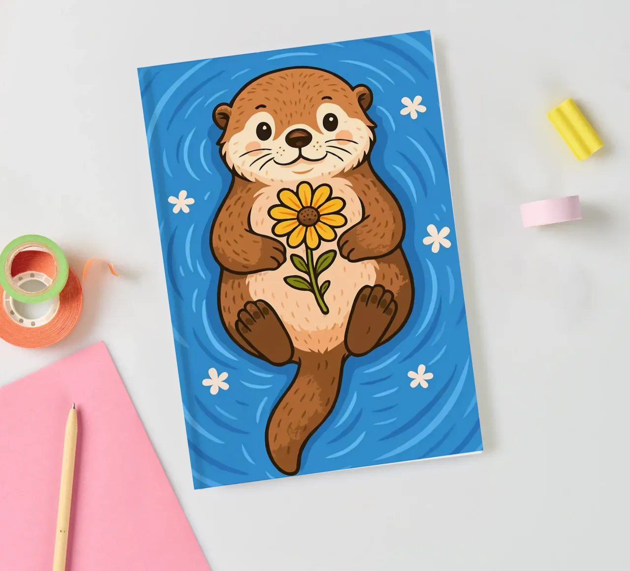 Floating Otter with a Flower notebook by Liam Johnson