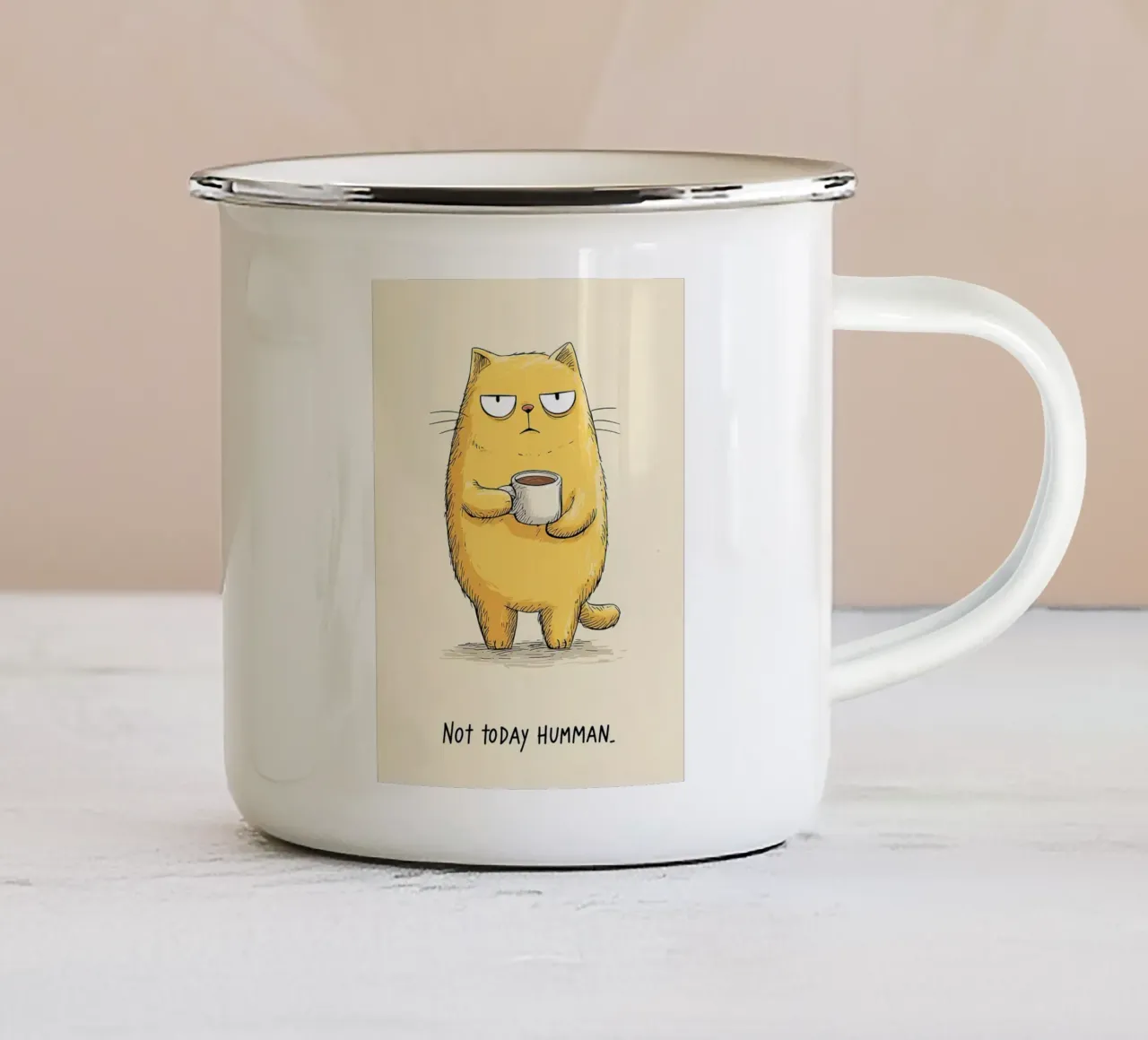 Gatto brontolone con caffè tazza in smalto da Liam Johnson