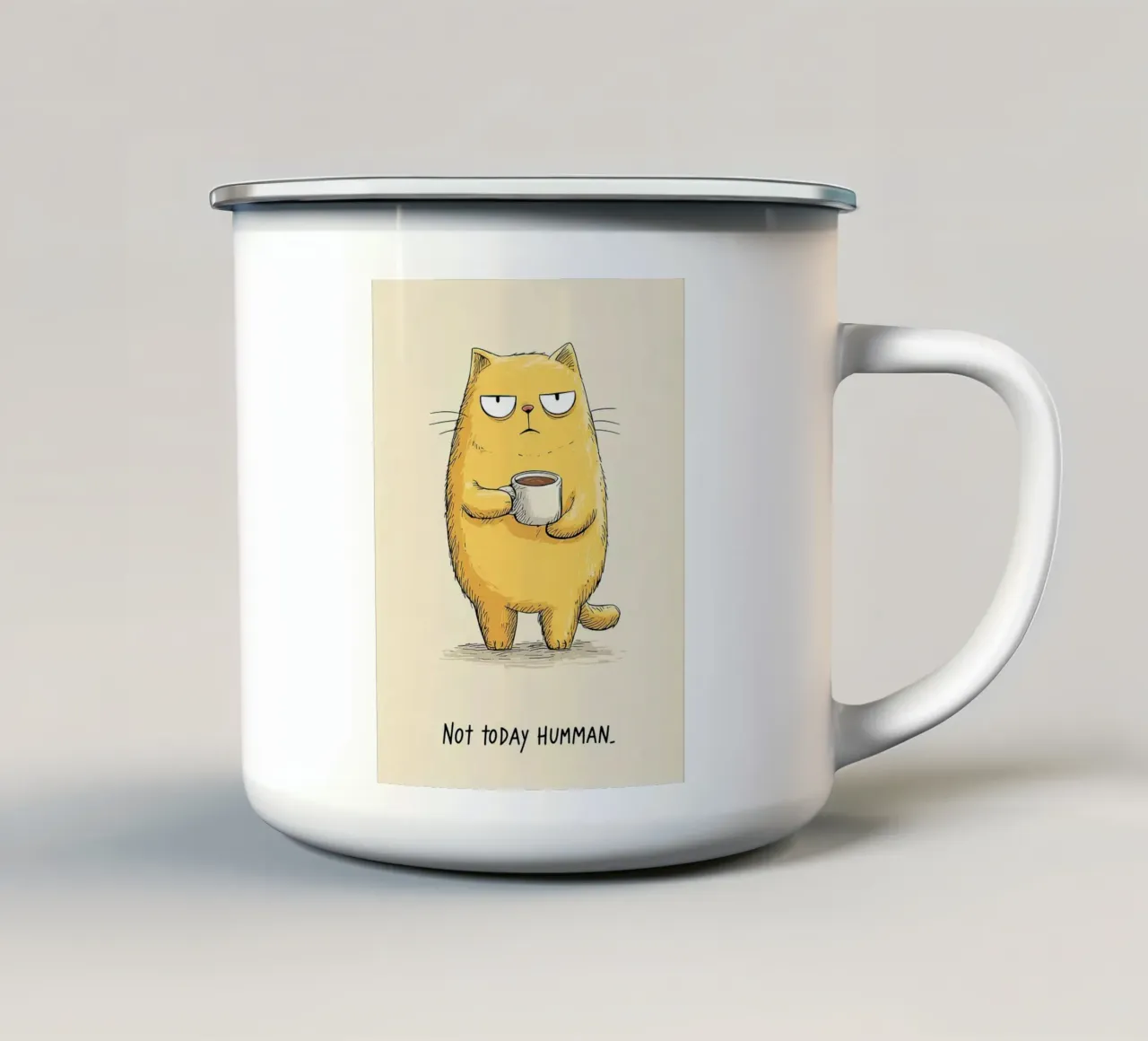 Gatto brontolone con caffè tazza in smalto da Liam Johnson