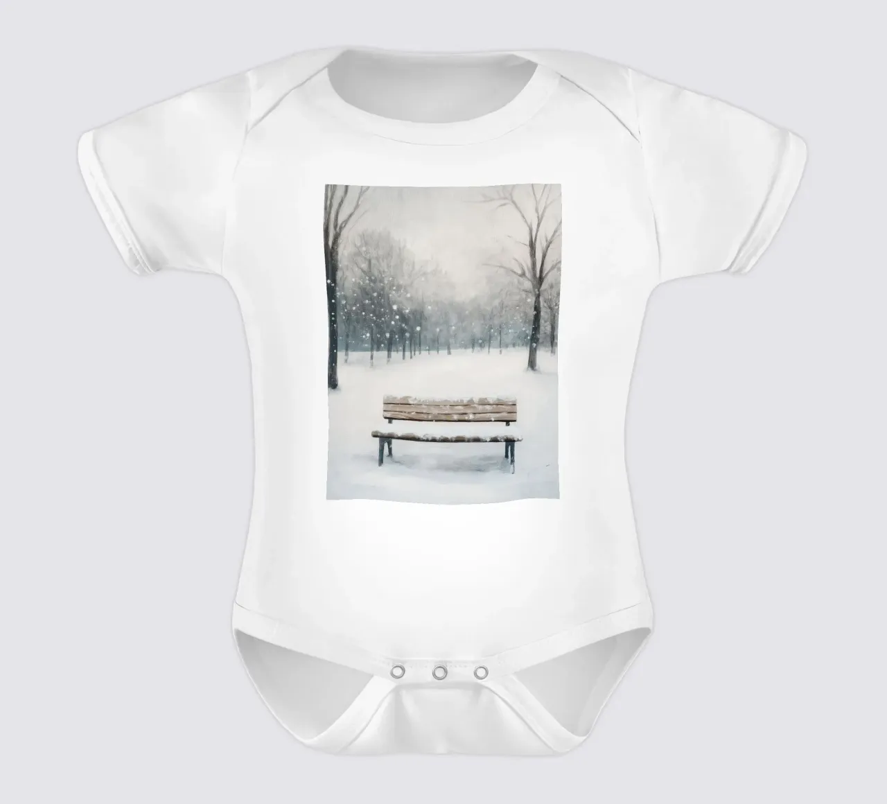 Panchina invernale in un tranquillo turbine di neve body neonato maniche corte da Cozy Vibes