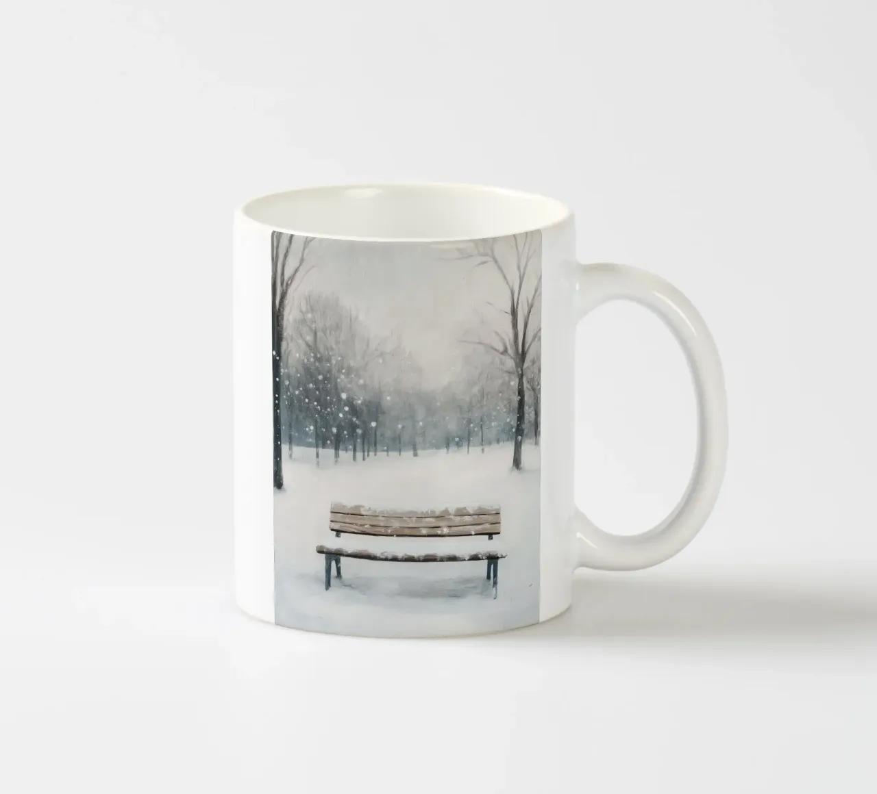 Panchina invernale in un tranquillo turbine di neve tazza in ceramica da Cozy Vibes