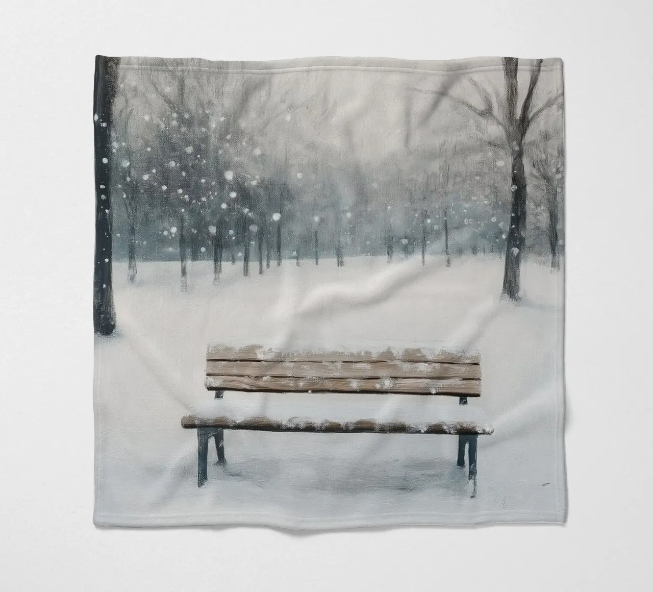 Panchina invernale in un tranquillo turbine di neve coperta in pile da Cozy Vibes