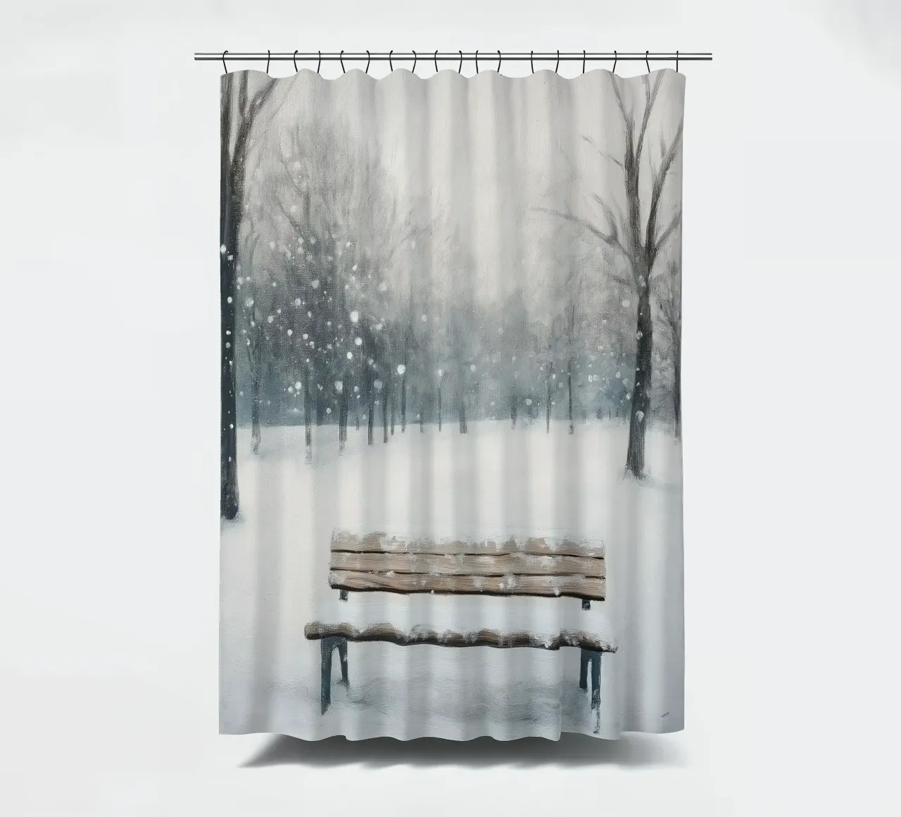 Panchina invernale in un tranquillo turbine di neve tenda da doccia da Cozy Vibes