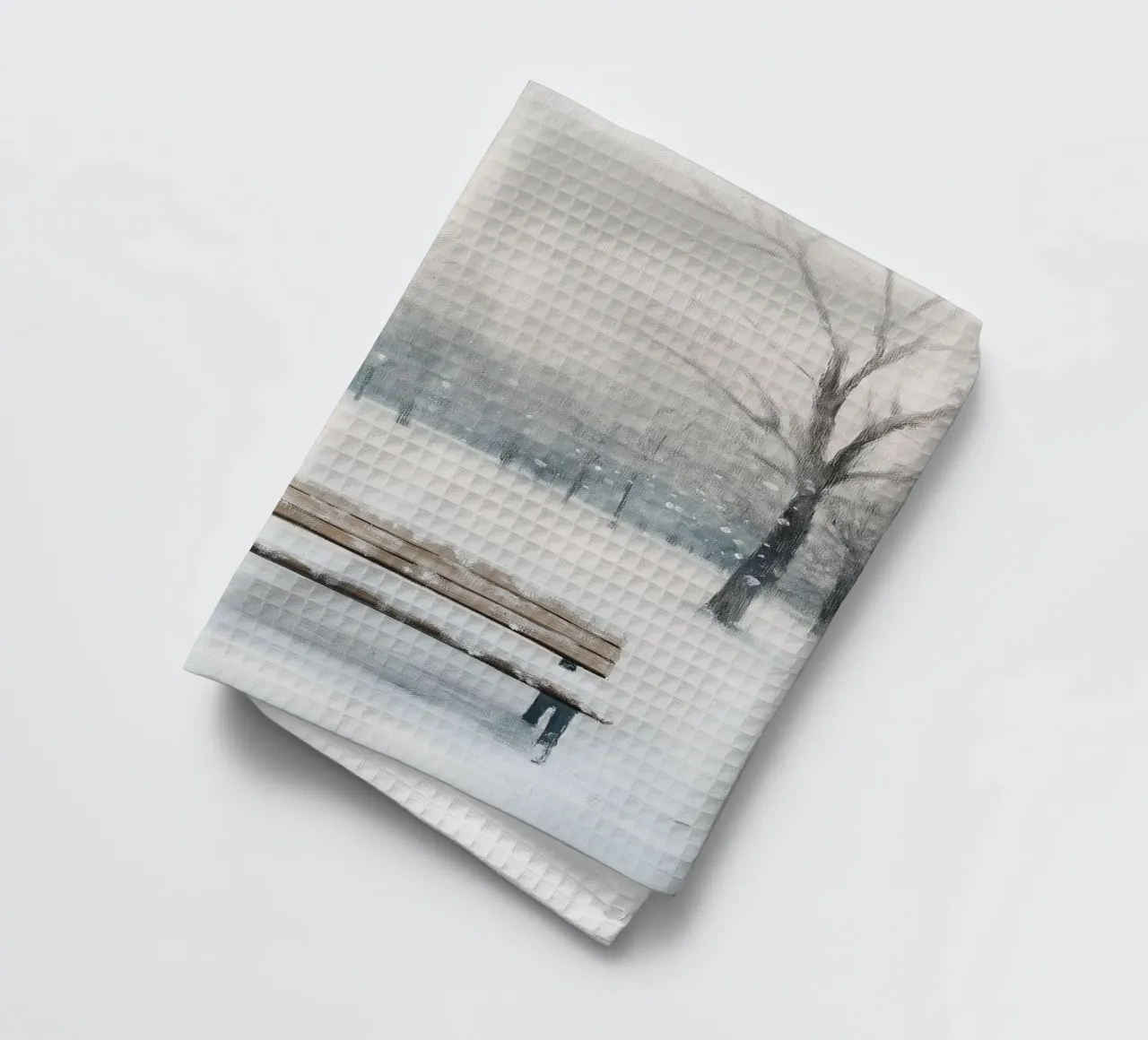 Banc de parc hivernal dans une tempête de neige silencieuse torchon de Cozy Vibes